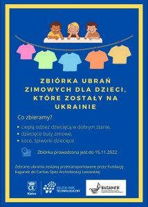 Plakat promujący zbiórkę ubrań zimowych dla dzieci, które zostały na Ukrainie