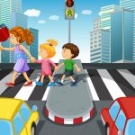 obrazek przedstawiające dzieci przechodzące przez pasy na jezdni
