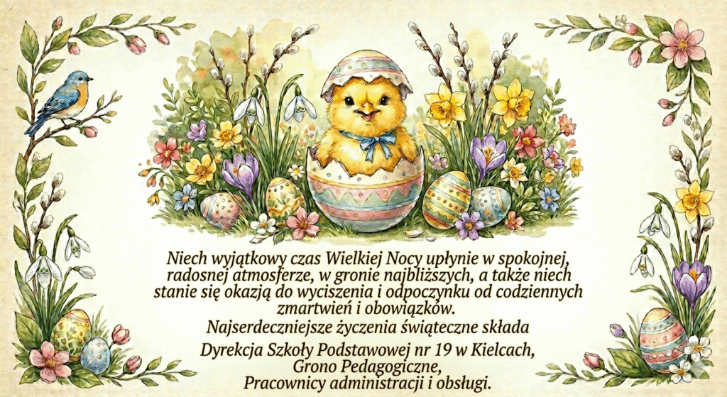 Niech wyjątkowy czas Wielkiej Nocy upłynie w spokojnej, radosnej atmosferze, w gronie najbliższych, a także niech stanie się okazją do wyciszenia i odpoczynku od codziennych zmartwień i obowiązków. Najserdeczniejsze życzenia świąteczne składa Dyrekcja Szkoły Podstawowej nr 19 w Kielcach, Grono Pedagogiczne, Pracownicy administracji i obsługi.